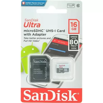 SanDisk 16GB Ultra microSDHC Memory Card C10 UHS-I + ADP