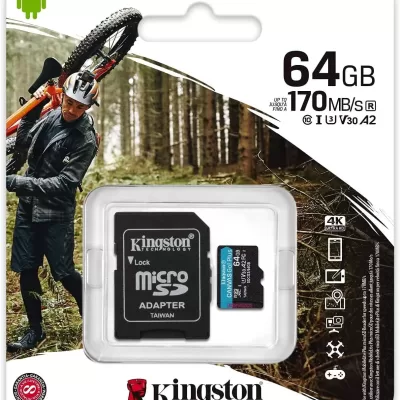 Kingston micro SD Memory Card 64GB SDXC Canvas Go Plus 170MB/s C10 U3 V30 + ADP